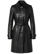 Casey Hip Length Belted Black Leather Long Trench Coat