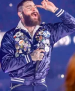 Chiefs vs Cowboys Post Malone Blue Satin Bomber Jacket