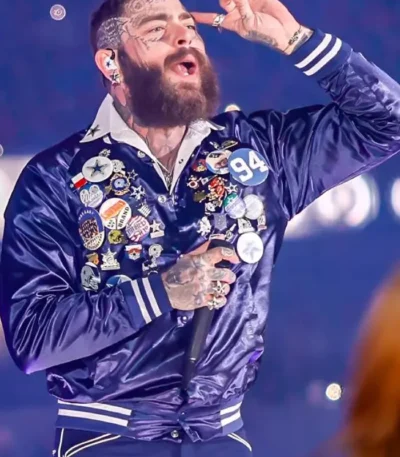 Chiefs vs Cowboys Post Malone Blue Satin Bomber Jacket