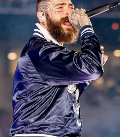 Chiefs vs Cowboys Post Malone Blue Satin Bomber Jacket