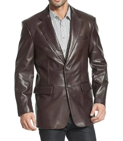 Classic Brown Leather Notch Lapel Blazer For Mens