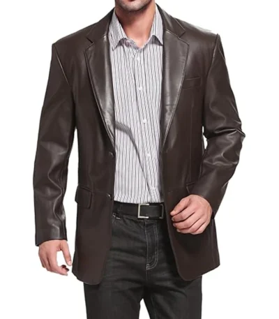 Classic Brown Leather Notch Lapel Blazer For Mens