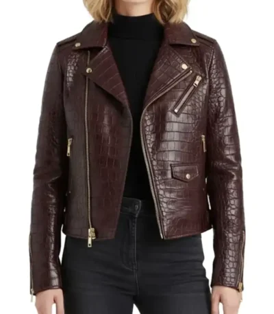 Crocodile Pattern Leather Moto Jacket