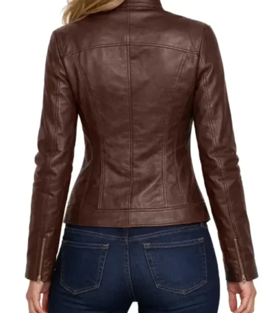 Cynthia Slim Fit Cafe Racer Brown Genuine Leather Jacket