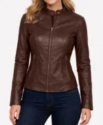 Cynthia Slim Fit Cafe Racer Brown Genuine Leather Jacket