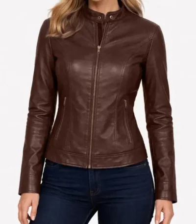 Cynthia Slim Fit Cafe Racer Brown Genuine Leather Jacket