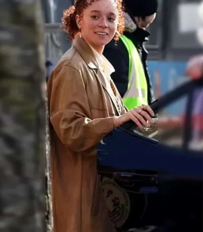 Erin Kellyman Eleanor the Great Brown Leather Coat