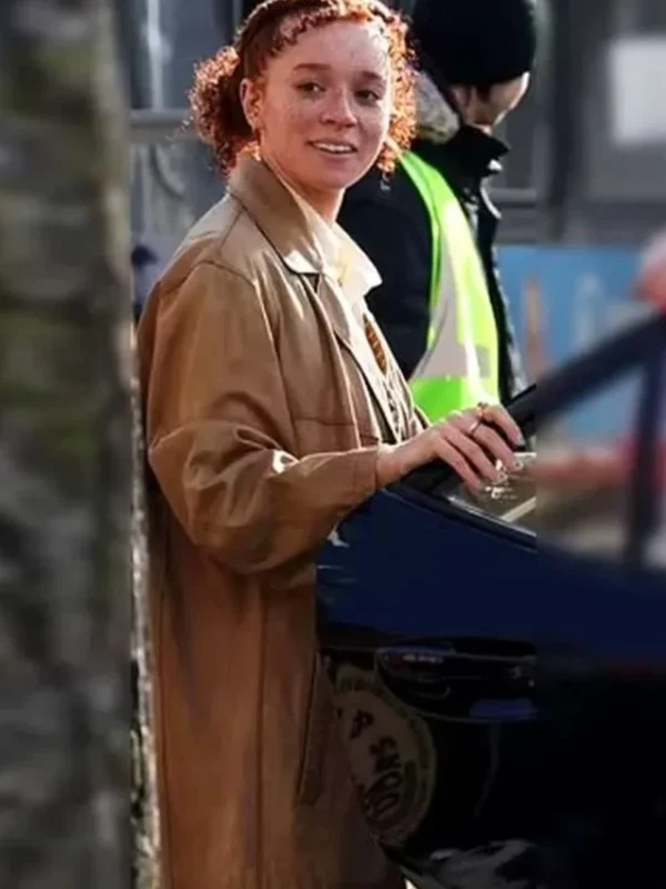 Erin Kellyman Eleanor the Great Brown Leather Coat