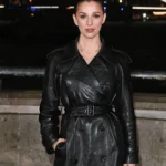Fashion Week Marisa Abela Black Leather Coat