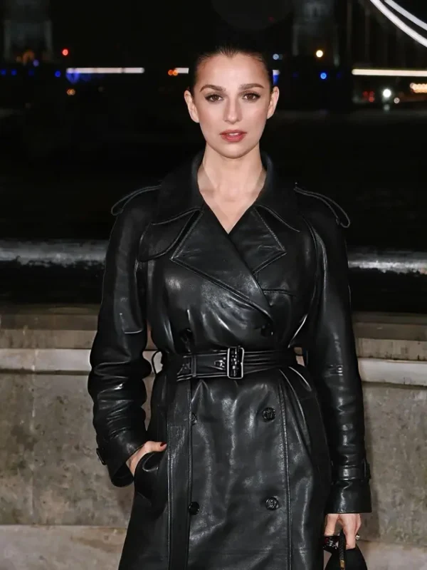 Fashion Week Marisa Abela Black Leather Coat