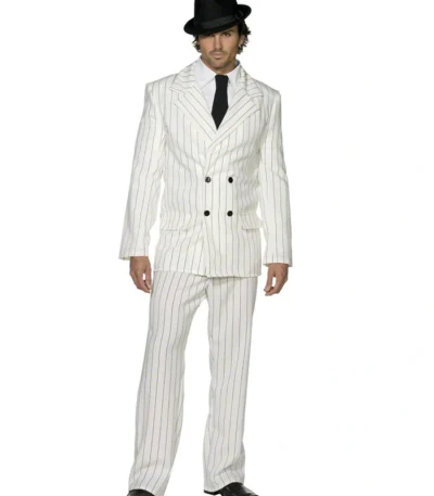 Gangster 1920s White Pinstripe Double Breasted Four Button Suit