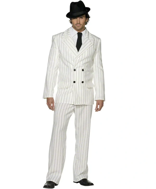 Gangster 1920s White Pinstripe Double Breasted Four Button Suit