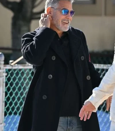George Clooney Wolfs 2024 Black Wool PeaCoat