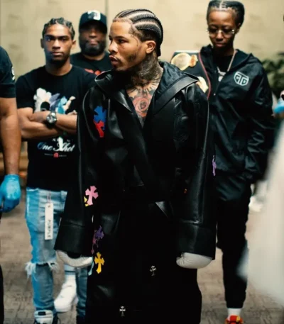 Gervonta Davis Cross Patches Black Leather Trench Coat