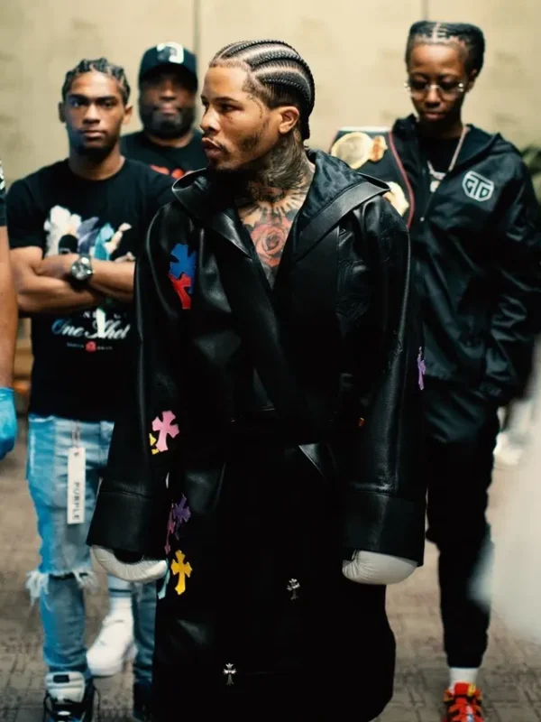Gervonta Davis Cross Patches Black Leather Trench Coat