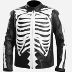 Halloween Skeleton Print Black Leather Jacket