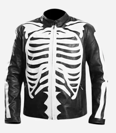 Halloween Skeleton Print Black Leather Jacket