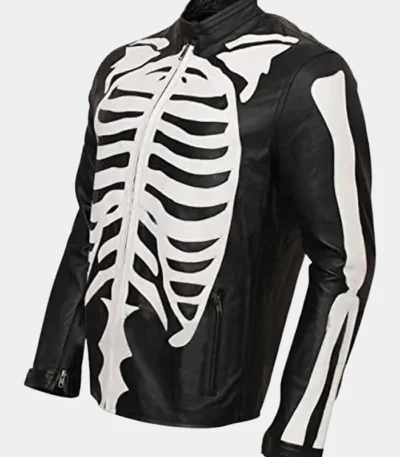 Halloween Skeleton Print Black Leather Jacket