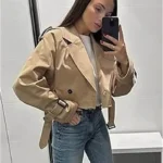 Helen Double Button With Belted Khaki Cropped Trench Jacket