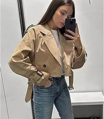 Helen Double Button With Belted Khaki Cropped Trench Jacket