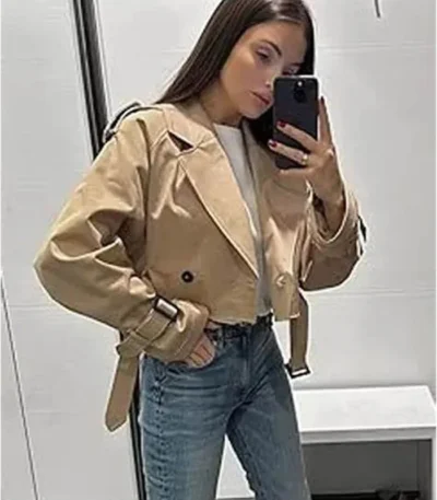 Helen Double Button With Belted Khaki Cropped Trench Jacket
