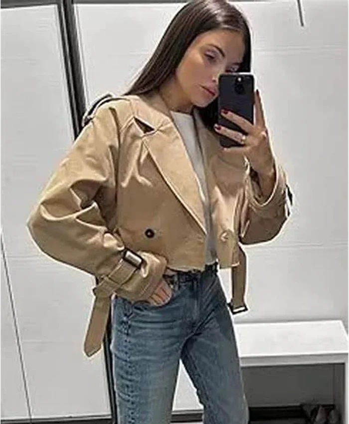 Helen Double Button With Belted Khaki Cropped Trench Jacket Helen Double Button With Belted Khaki Cropped Trench Jacket