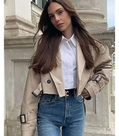 Helen Women Casual Beige Cropped Trench Coat jacket