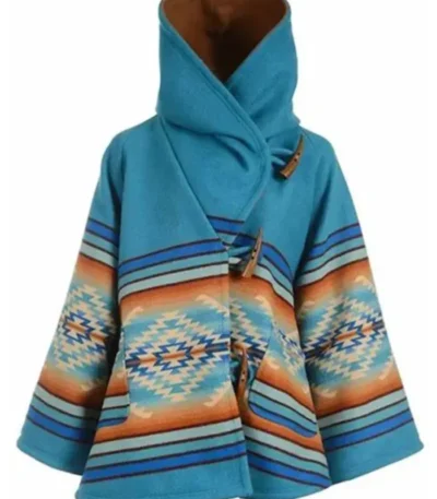 Hesri Womens Turquoise Blue Hooded Poncho Coat