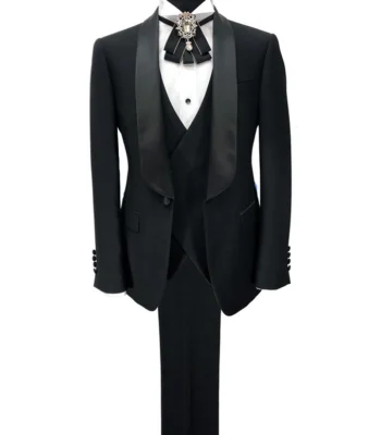 Jasper One Button Single Breasted 3 Piece Black Tuxedo Suit