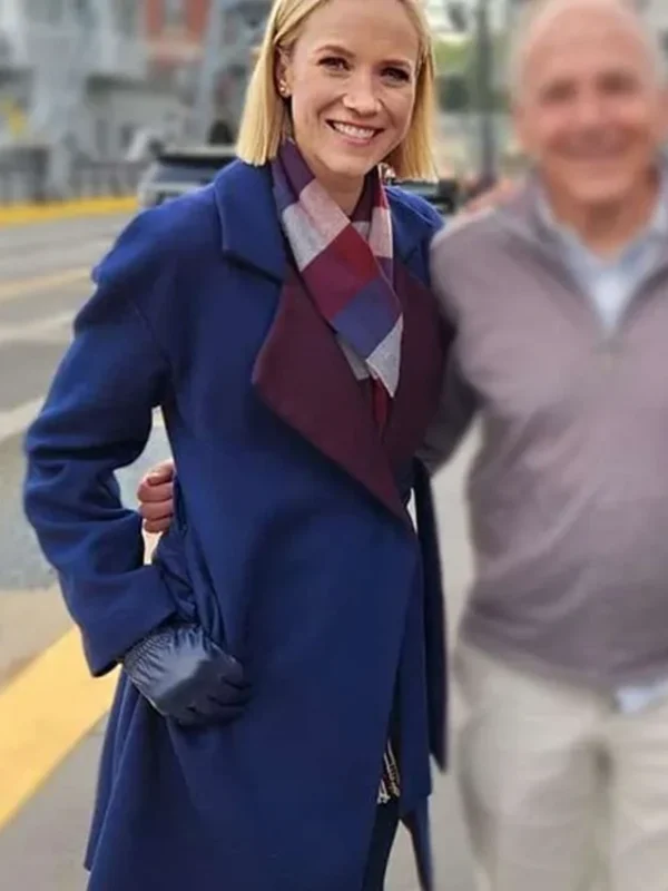 Jessy Schram Mystic Christmas 2023 Blue Wool Coat