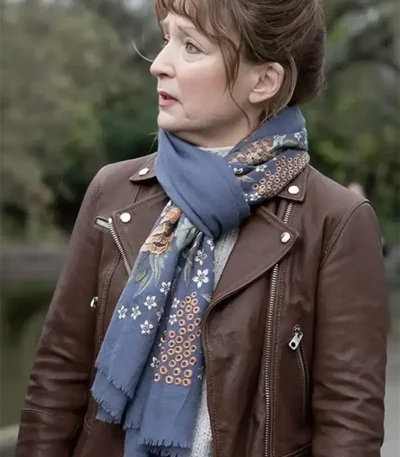 Lesley Manville Moonflower Murders Brown Jacket