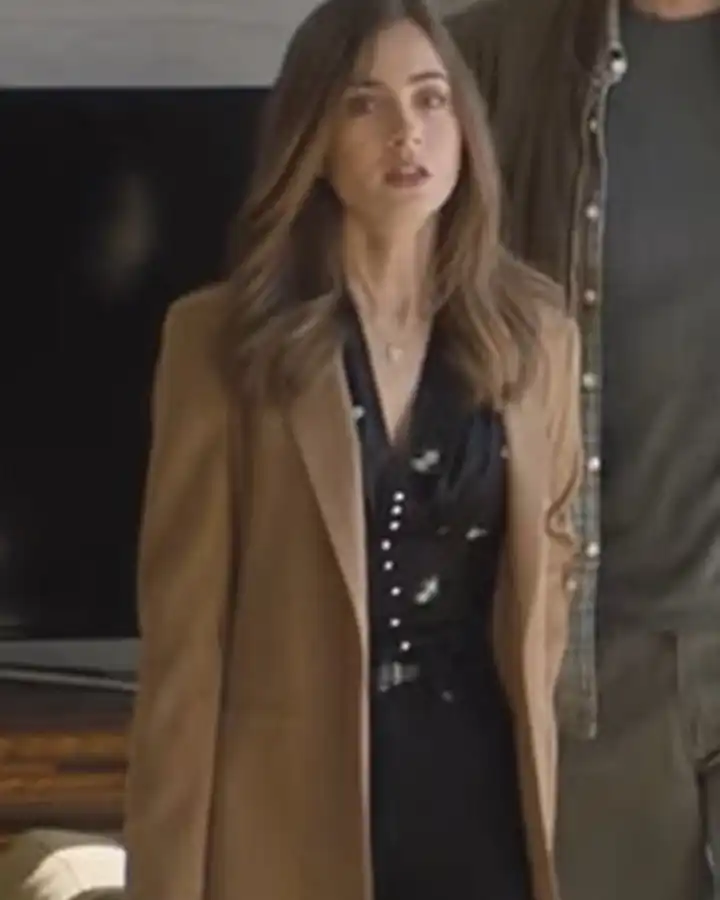 Lily Collins Windfall Camel Brown Blazer Coat Lily Collins Windfall Camel Brown Blazer Coat