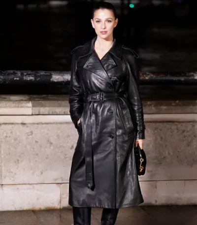 Fashion Week Marisa Abela Black Leather Coat