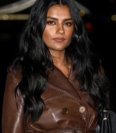 London Fashion Week Simone Ashley Brown Leather Coat