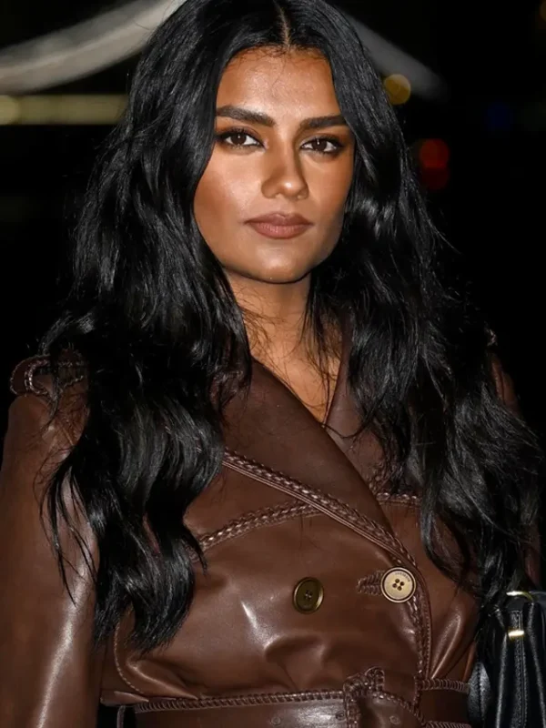 London Fashion Week Simone Ashley Brown Leather Coat