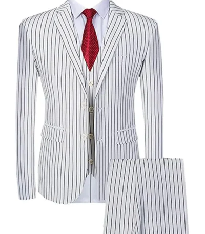 Men Single Breasted 3 Piece Stripe White Suit