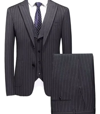 Men Single Breasted Stripe 3 Piece Grey Suit