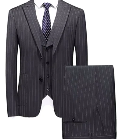 Men Single Breasted Stripe 3 Piece Grey Suit