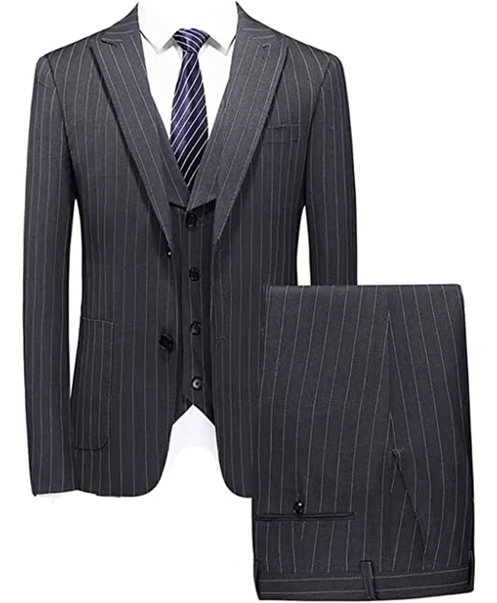 Men Single Breasted Stripe 3 Piece Grey Suit Men Single Breasted Stripe 3 Piece Grey Suit