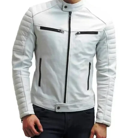 Men’s All White Cafe Racer Biker Leather Jacket