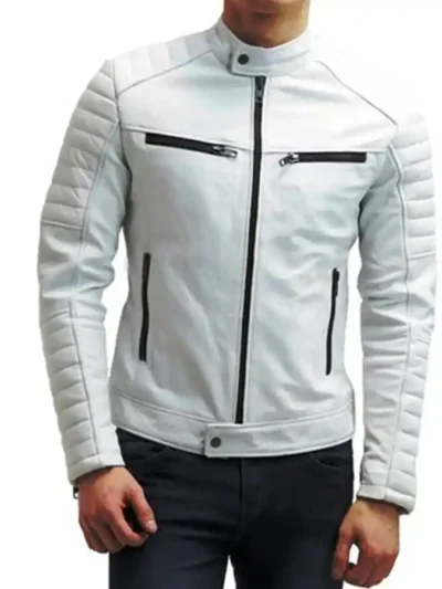 Men’s All White Cafe Racer Biker Leather Jacket