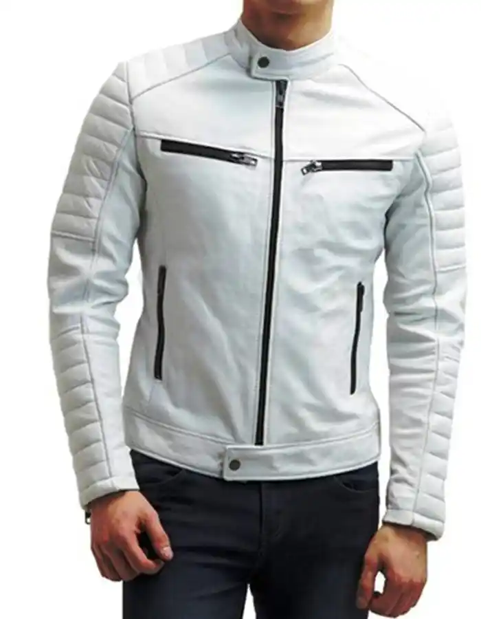 Men’s All White Cafe Racer Biker Leather Jacket Men’s All White Cafe Racer Biker Leather Jacket
