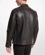 Men’s Black Leather Motorcycle Jacket With Snap Tab Collar