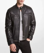 Men’s Black Leather Motorcycle Jacket With Snap Tab Collar