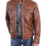 Men’s Brown Quilted Shoulders Cafe Racer Cognac Leather Jacket