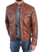Men’s Brown Quilted Shoulders Cafe Racer Cognac Leather Jacket