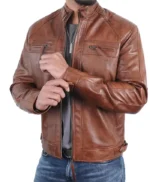 Men’s Brown Quilted Shoulders Cafe Racer Cognac Leather Jacket