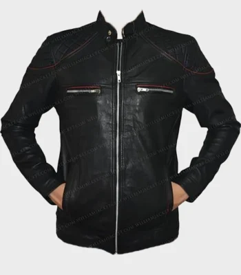 Men’s Motorcycle Red Strips Quilted Moto Leather Jacket