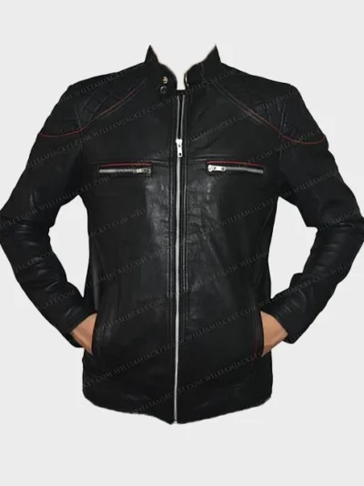 Men’s Motorcycle Red Strips Quilted Moto Leather Jacket
