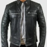 Mens Quilted Motorcycle Cafe Racer Leather Jacket